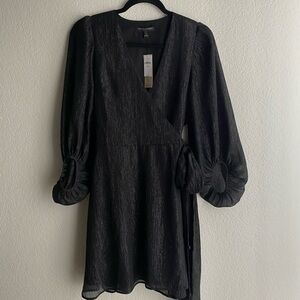BANANA REPUBLIC Puff Sleeve Mini Wrap Petite Black Shimmery Dress - Size M